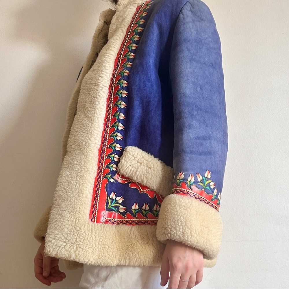 Vintage 70s Retro Shearling Handmade Folk Alfghan Polish Penny Lane Jacket Sz M - Picture 2 of 13